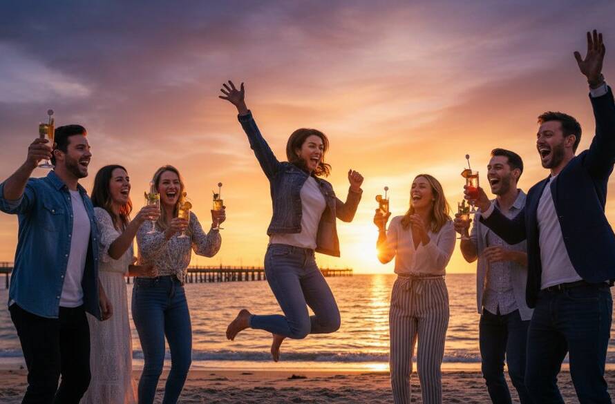 Dynamic wide shot of friends laughing and dancing by the Mordialloc foreshore at sunset during a vibrant birthday party, expertly captured for Mordialloc foreshore party photography.
