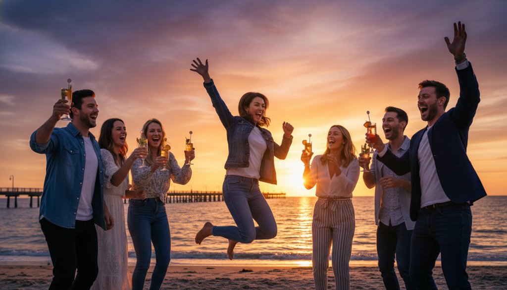 Dynamic wide shot of friends laughing and dancing by the Mordialloc foreshore at sunset during a vibrant birthday party, expertly captured for Mordialloc foreshore party photography.