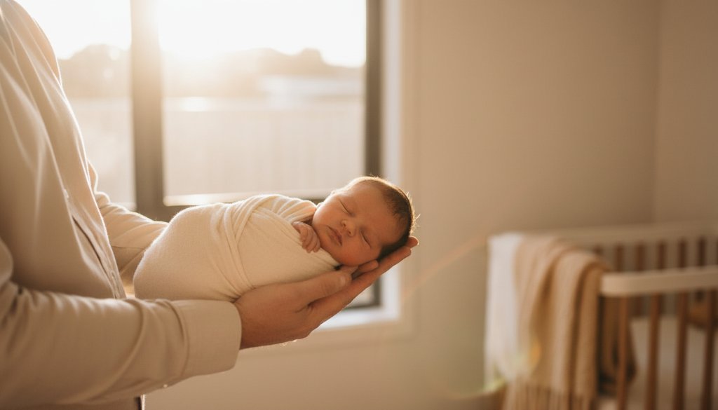 A breathtaking wide shot of a Mordialloc newborn photography natural light session, showcasing a peaceful baby nestled in parents' arms by a sun-drenched window, bathed in soft, golden light, evoking warmth and connection.