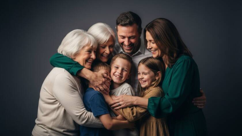 Dramatic, cinematic photograph capturing the Mordialloc portrait photography studio experience, featuring a joyful family bathed in warm, soft studio light, against a subtle Mordialloc bay backdrop, creating an emotional and epic moment of connection.
