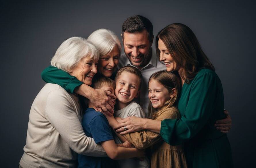 Dramatic, cinematic photograph capturing the Mordialloc portrait photography studio experience, featuring a joyful family bathed in warm, soft studio light, against a subtle Mordialloc bay backdrop, creating an emotional and epic moment of connection.