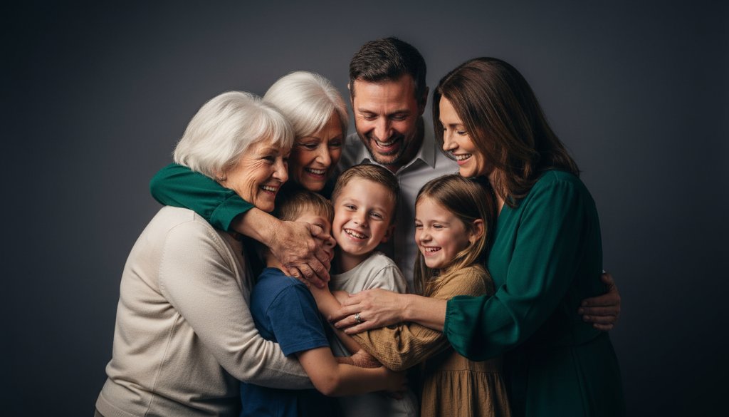 Dramatic, cinematic photograph capturing the Mordialloc portrait photography studio experience, featuring a joyful family bathed in warm, soft studio light, against a subtle Mordialloc bay backdrop, creating an emotional and epic moment of connection.