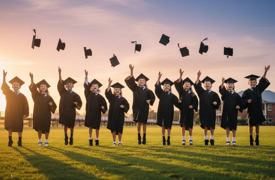 A group of joyous primary school students in Mordialloc, wearing graduation caps and gowns, throwing their caps into the air against a vibrant sunset, celebrating their Mordialloc primary school graduation photography moment. Dramatic lighting captures their ecstatic expressions and flying caps.