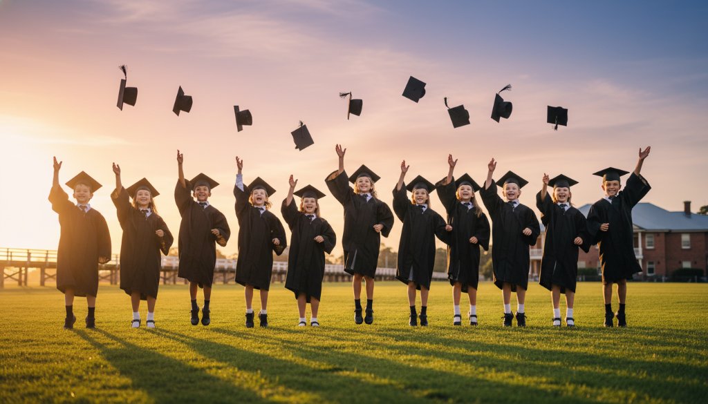 A group of joyous primary school students in Mordialloc, wearing graduation caps and gowns, throwing their caps into the air against a vibrant sunset, celebrating their Mordialloc primary school graduation photography moment. Dramatic lighting captures their ecstatic expressions and flying caps.