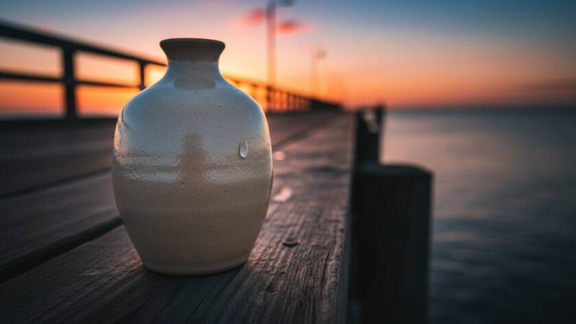 Dramatic, cinematic shot of a handcrafted ceramic mug, exquisitely lit by the golden hour sun setting over Mordialloc Pier, casting a warm glow and sharp shadows on the textured surface, highlighting the unique glazes and artisan details. The mug sits on a rustic wooden table with the soft-focus Mordialloc foreshore in the background, embodying Mordialloc product photography for local artisans.