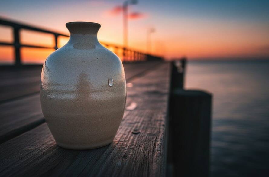 Dramatic, cinematic shot of a handcrafted ceramic mug, exquisitely lit by the golden hour sun setting over Mordialloc Pier, casting a warm glow and sharp shadows on the textured surface, highlighting the unique glazes and artisan details. The mug sits on a rustic wooden table with the soft-focus Mordialloc foreshore in the background, embodying Mordialloc product photography for local artisans.