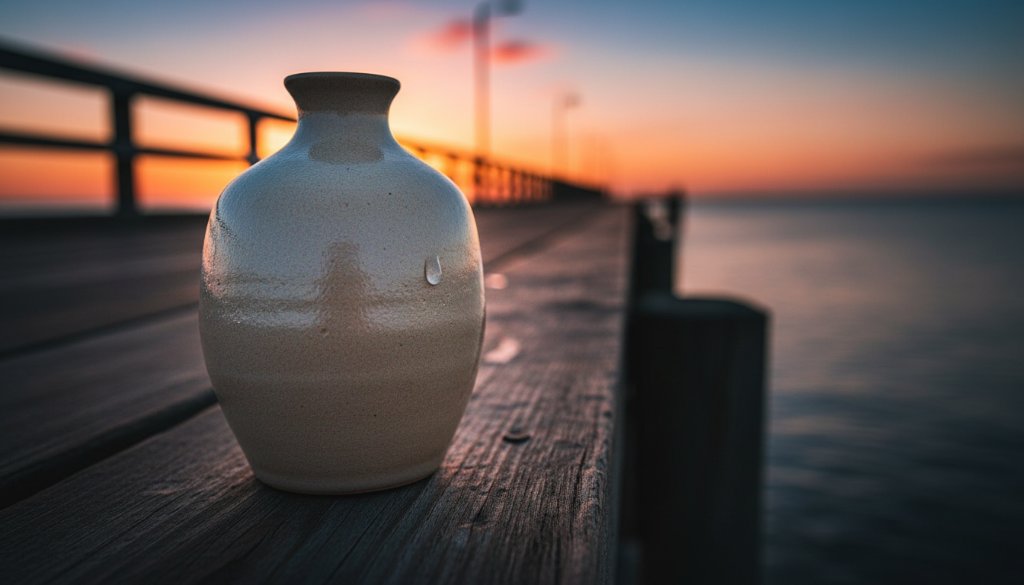 Dramatic, cinematic shot of a handcrafted ceramic mug, exquisitely lit by the golden hour sun setting over Mordialloc Pier, casting a warm glow and sharp shadows on the textured surface, highlighting the unique glazes and artisan details. The mug sits on a rustic wooden table with the soft-focus Mordialloc foreshore in the background, embodying Mordialloc product photography for local artisans.
