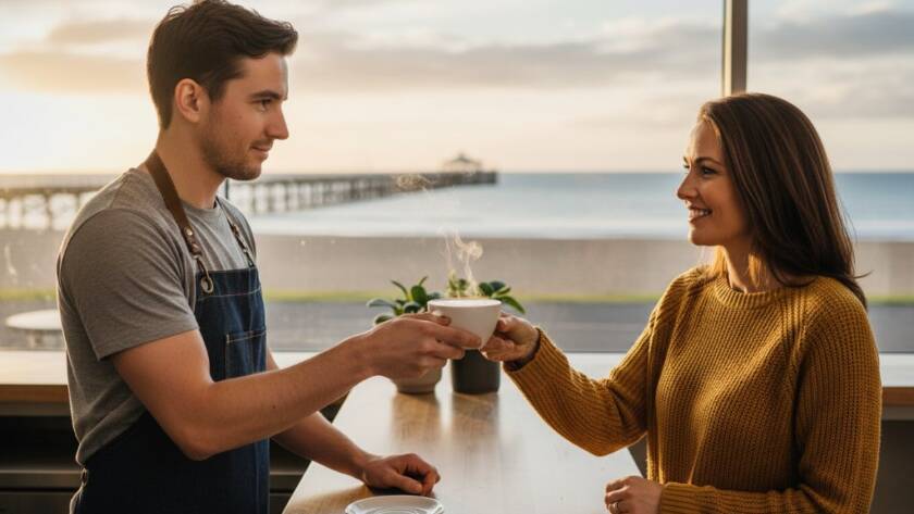 An epic moment captured in Mordialloc professional commercial photography for brands, featuring a local café owner proudly presenting a freshly brewed coffee to a customer, with the iconic Mordialloc Pier visible in the background at sunset, bathed in warm, golden light. The scene conveys professionalism, community, and quality.