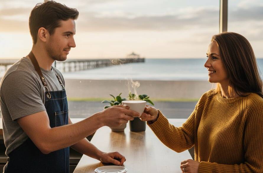 An epic moment captured in Mordialloc professional commercial photography for brands, featuring a local café owner proudly presenting a freshly brewed coffee to a customer, with the iconic Mordialloc Pier visible in the background at sunset, bathed in warm, golden light. The scene conveys professionalism, community, and quality.