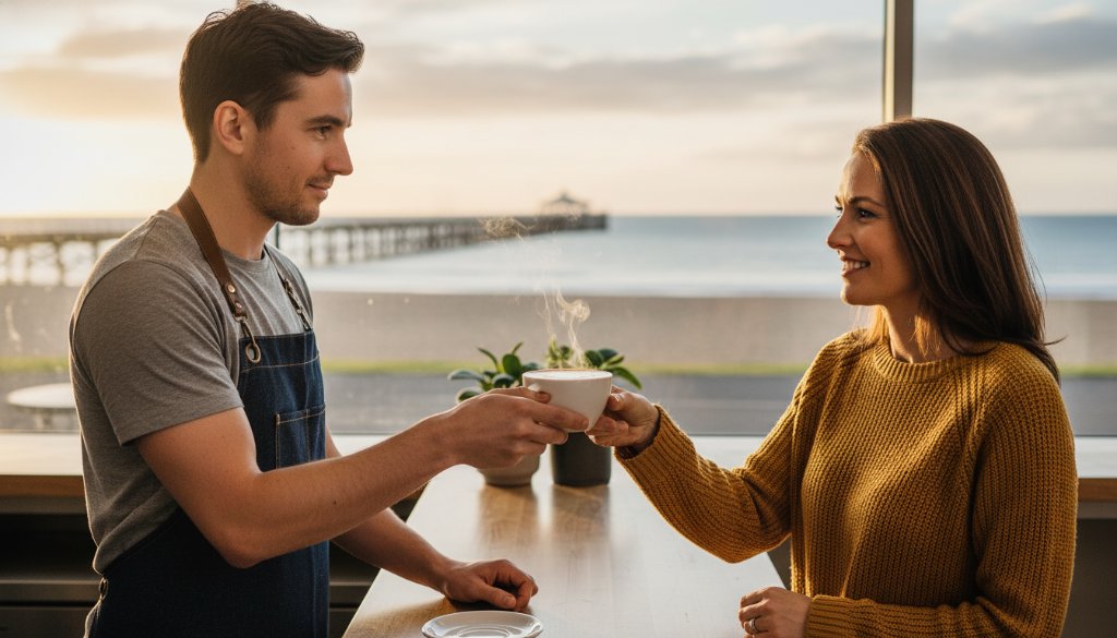 An epic moment captured in Mordialloc professional commercial photography for brands, featuring a local café owner proudly presenting a freshly brewed coffee to a customer, with the iconic Mordialloc Pier visible in the background at sunset, bathed in warm, golden light. The scene conveys professionalism, community, and quality.