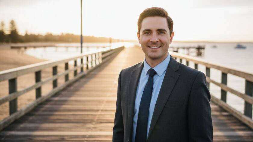 Dynamic Mordialloc professional headshots for career growth featuring a confident professional smiling warmly, bathed in golden hour light with a subtly blurred Mordialloc pier in the background, conveying success and approachability.
