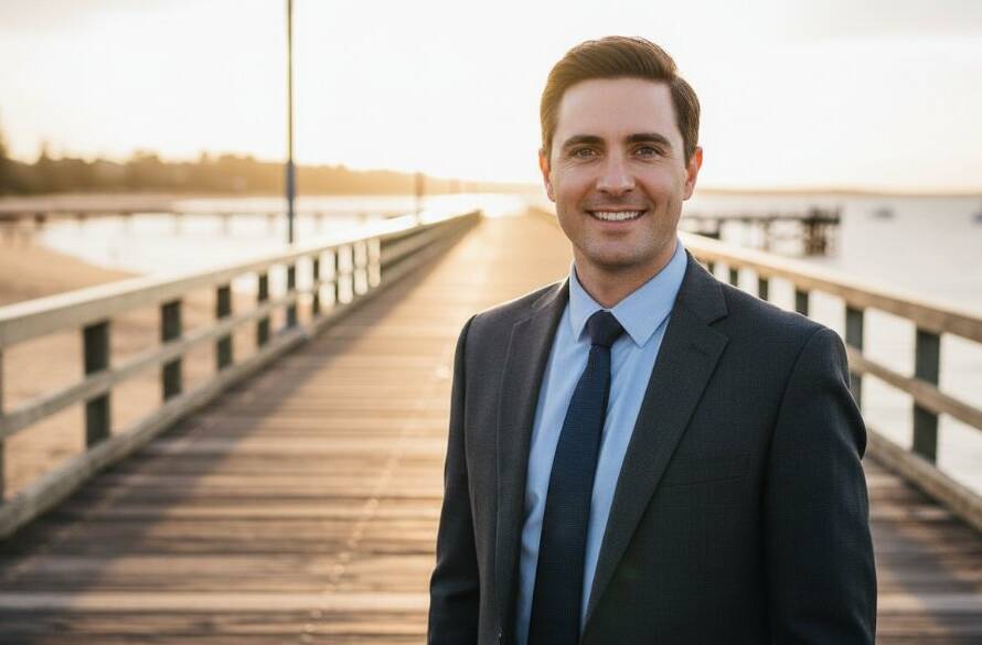 Dynamic Mordialloc professional headshots for career growth featuring a confident professional smiling warmly, bathed in golden hour light with a subtly blurred Mordialloc pier in the background, conveying success and approachability.