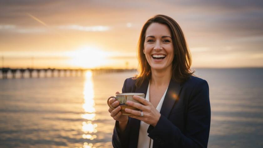 An inspiring wide-angle shot of a Mordialloc entrepreneur confidently walking along the beach near the Mordialloc Pier, their vibrant small business branding photography evident in their energetic posture, with the golden hour sun creating dramatic backlighting and lens flare, symbolising Mordialloc small business branding photography success.