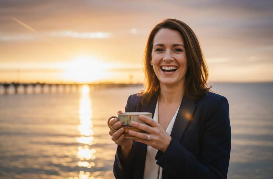 An inspiring wide-angle shot of a Mordialloc entrepreneur confidently walking along the beach near the Mordialloc Pier, their vibrant small business branding photography evident in their energetic posture, with the golden hour sun creating dramatic backlighting and lens flare, symbolising Mordialloc small business branding photography success.