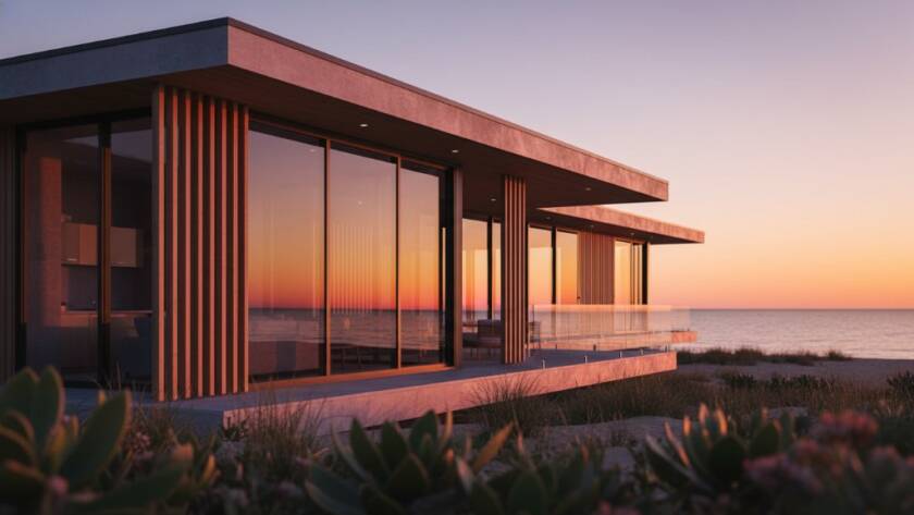 An epic golden hour photograph capturing the striking, modern lines of a Mordialloc unique architecture, with the vibrant sunset reflecting off glass panels and creating dramatic shadows, showcasing the unique coastal design of the structure.