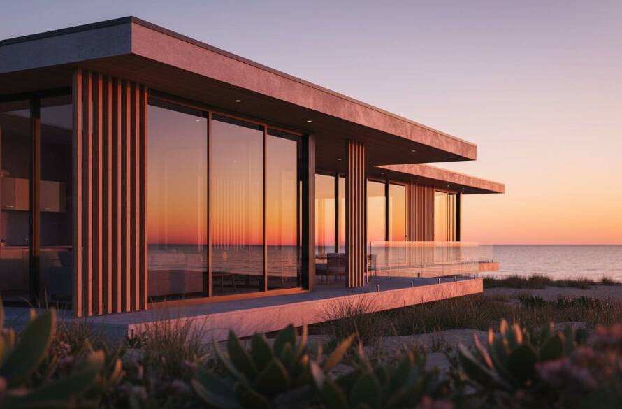 An epic golden hour photograph capturing the striking, modern lines of a Mordialloc unique architecture, with the vibrant sunset reflecting off glass panels and creating dramatic shadows, showcasing the unique coastal design of the structure.