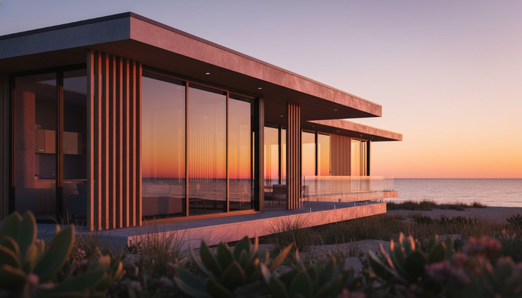 An epic golden hour photograph capturing the striking, modern lines of a Mordialloc unique architecture, with the vibrant sunset reflecting off glass panels and creating dramatic shadows, showcasing the unique coastal design of the structure.