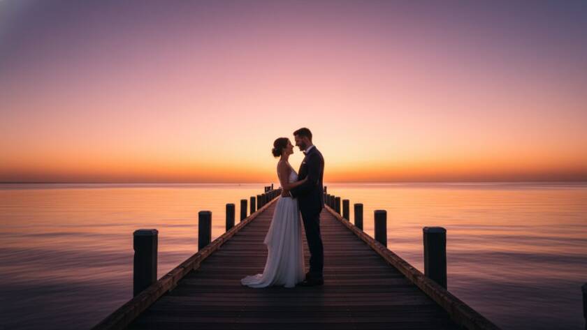 Mordialloc wedding photography capturing authentic beachside moments: A newlywed couple shares a joyful, intimate embrace on Mordialloc Beach at sunset, with golden light reflecting on the water, highlighting their emotional connection.