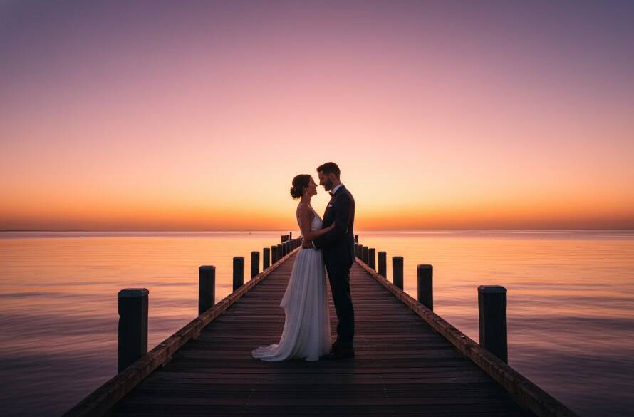 Mordialloc wedding photography capturing authentic beachside moments: A newlywed couple shares a joyful, intimate embrace on Mordialloc Beach at sunset, with golden light reflecting on the water, highlighting their emotional connection.
