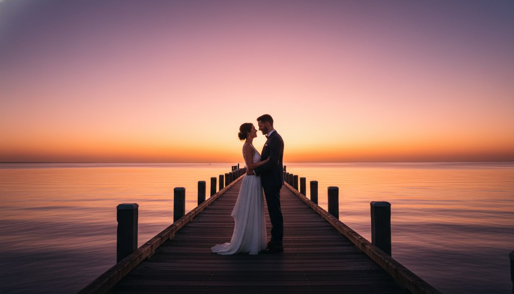 Mordialloc wedding photography capturing authentic beachside moments: A newlywed couple shares a joyful, intimate embrace on Mordialloc Beach at sunset, with golden light reflecting on the water, highlighting their emotional connection.
