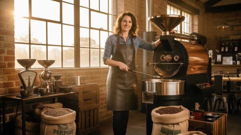 An epic moment captured in Morwell Advertising Photography for Local Businesses, showing a local artisan proudly showcasing their handcrafted product in a dramatic, sun-drenched workshop, with fine details highlighted by professional lighting and rich colour grading.