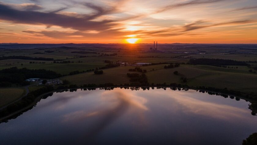 Dramatic aerial shot capturing the stunning Morwell aerial landscape drone photography, showcasing a vibrant sunset over the Gippsland plain with the shimmering Morwell Lake and distant rolling hills, professionally colour-graded for an epic, awe-inspiring moment.