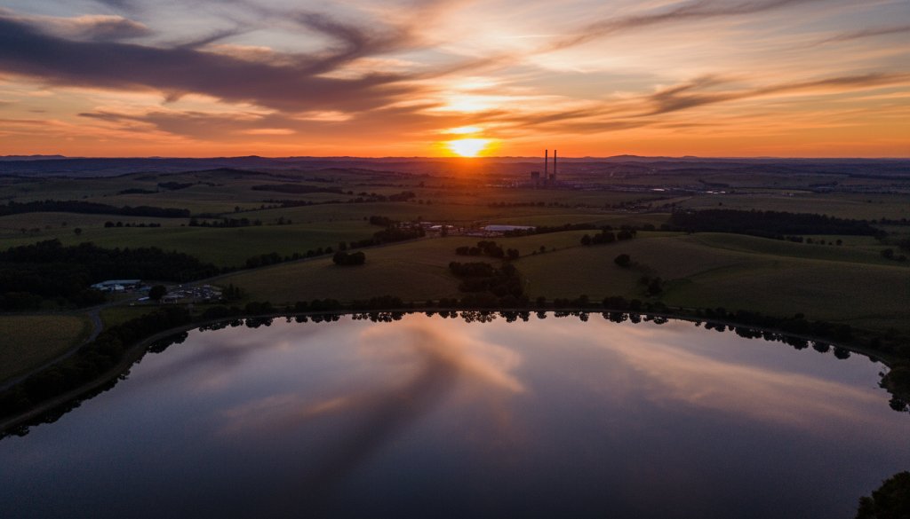 Dramatic aerial shot capturing the stunning Morwell aerial landscape drone photography, showcasing a vibrant sunset over the Gippsland plain with the shimmering Morwell Lake and distant rolling hills, professionally colour-graded for an epic, awe-inspiring moment.