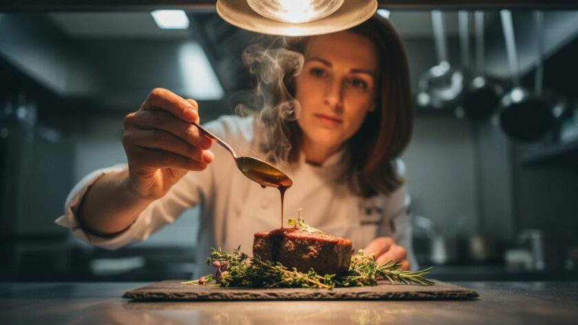 A high-angle, cinematic shot showcasing a beautifully plated dish of local Gippsland produce, steam gently rising, bathed in golden hour light on a rustic wooden table in a Morwell cafe, capturing the Morwell culinary stories food photography vibe.