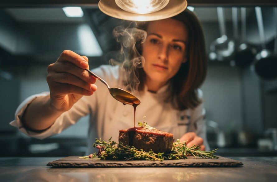 A high-angle, cinematic shot showcasing a beautifully plated dish of local Gippsland produce, steam gently rising, bathed in golden hour light on a rustic wooden table in a Morwell cafe, capturing the Morwell culinary stories food photography vibe.