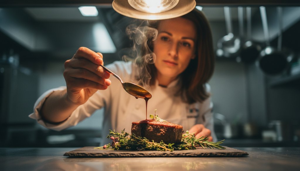 A high-angle, cinematic shot showcasing a beautifully plated dish of local Gippsland produce, steam gently rising, bathed in golden hour light on a rustic wooden table in a Morwell cafe, capturing the Morwell culinary stories food photography vibe.