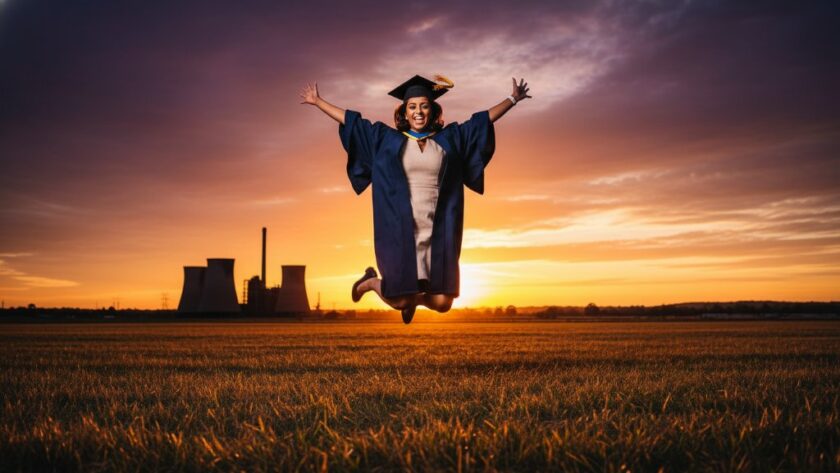 An excited graduate in academic regalia throws their mortarboard into the air against a backdrop of iconic Morwell landmarks at sunset, celebrating their Morwell graduation photography celebration, captured with dramatic, golden hour lighting.