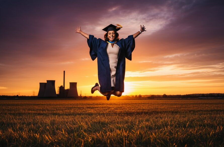 An excited graduate in academic regalia throws their mortarboard into the air against a backdrop of iconic Morwell landmarks at sunset, celebrating their Morwell graduation photography celebration, captured with dramatic, golden hour lighting.