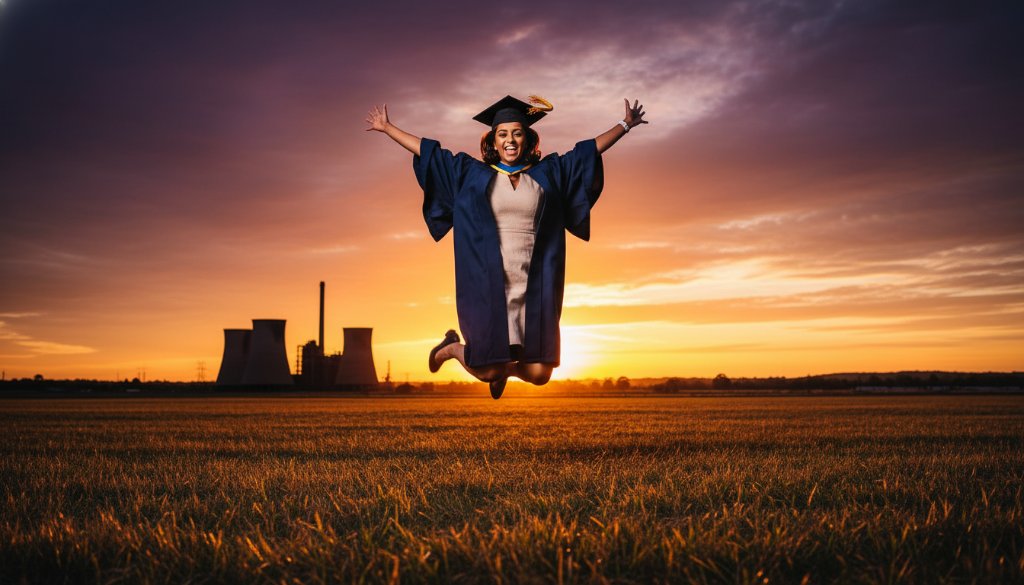 An excited graduate in academic regalia throws their mortarboard into the air against a backdrop of iconic Morwell landmarks at sunset, celebrating their Morwell graduation photography celebration, captured with dramatic, golden hour lighting.