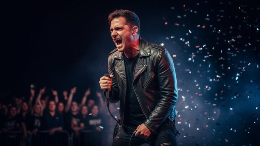 An epic moment captured through Morwell live music photography, showing a lead singer mid-song under dramatic stage lights, with a passionate crowd visible in the foreground, expertly colour-graded to highlight the raw energy and emotion of the performance.