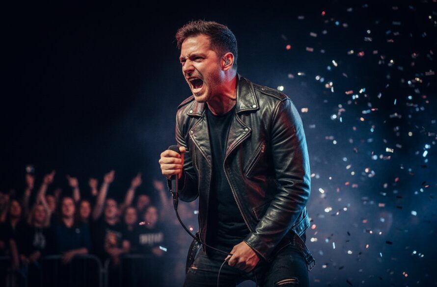 An epic moment captured through Morwell live music photography, showing a lead singer mid-song under dramatic stage lights, with a passionate crowd visible in the foreground, expertly colour-graded to highlight the raw energy and emotion of the performance.