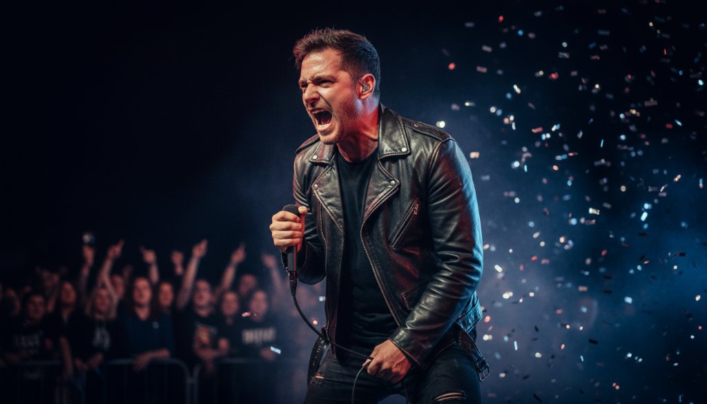 An epic moment captured through Morwell live music photography, showing a lead singer mid-song under dramatic stage lights, with a passionate crowd visible in the foreground, expertly colour-graded to highlight the raw energy and emotion of the performance.