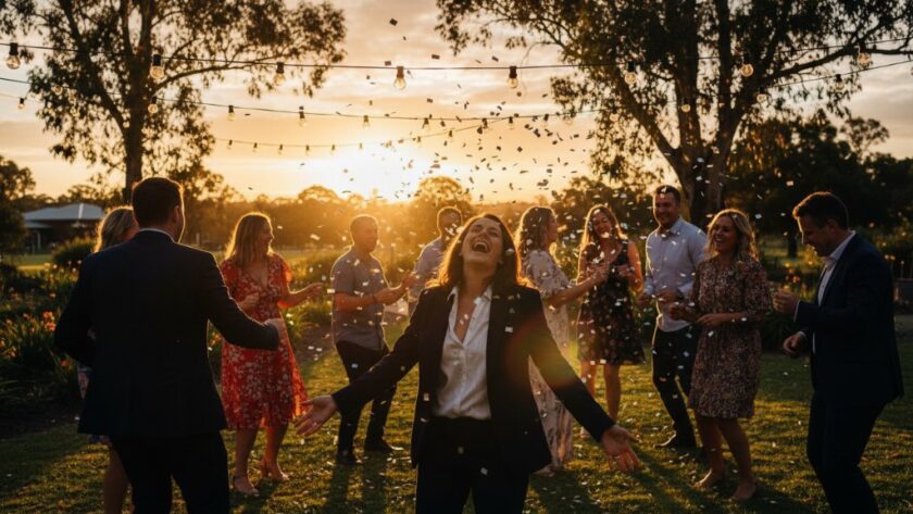 An epic moment of pure joy and laughter, perfectly composed, at a vibrant outdoor Morwell party, with professional Morwell party photography capturing joyous moments by Image by SD, showcasing friends dancing under string lights at sunset.