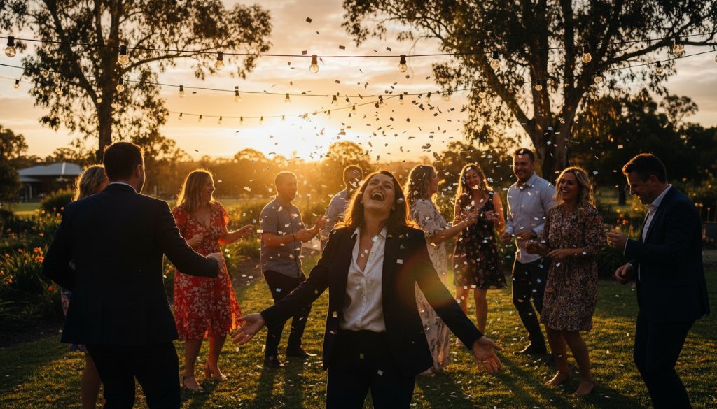 An epic moment of pure joy and laughter, perfectly composed, at a vibrant outdoor Morwell party, with professional Morwell party photography capturing joyous moments by Image by SD, showcasing friends dancing under string lights at sunset.