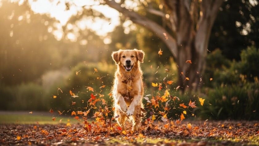 Morwell pet photography capturing joyous paw prints, an epic moment of a golden retriever joyfully leaping through autumn leaves in a Morwell park at sunset, professionally colour-graded.