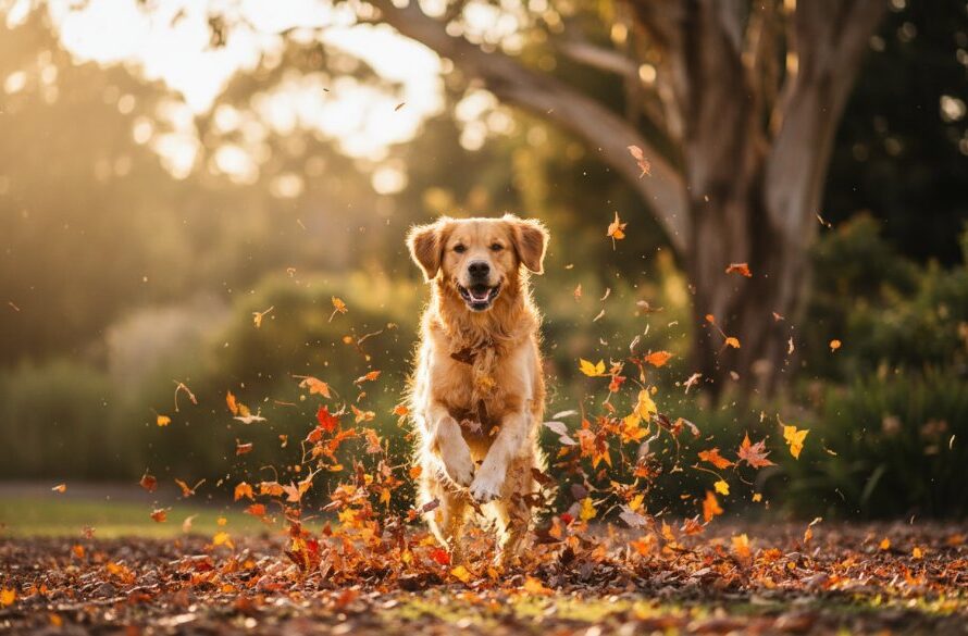 Morwell pet photography capturing joyous paw prints, an epic moment of a golden retriever joyfully leaping through autumn leaves in a Morwell park at sunset, professionally colour-graded.
