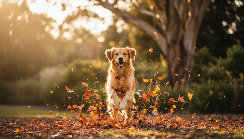 Morwell pet photography capturing joyous paw prints, an epic moment of a golden retriever joyfully leaping through autumn leaves in a Morwell park at sunset, professionally colour-graded.