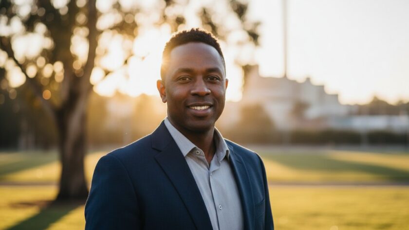 A striking Morwell professional headshot of a confident individual, set against the warm, golden light of a Morwell park at sunset, capturing their authentic career story with dramatic flair and professional colour grading.