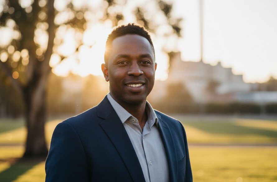 A striking Morwell professional headshot of a confident individual, set against the warm, golden light of a Morwell park at sunset, capturing their authentic career story with dramatic flair and professional colour grading.