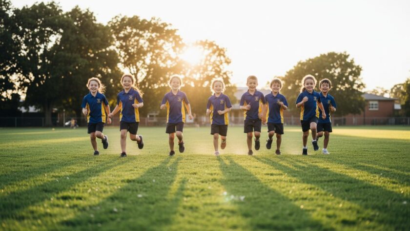 Morwell School Photos Authentic Memories of a group of excited primary school children laughing and running through a sun-drenched oval during sports day, captured from a dynamic low angle with dramatic backlighting and vibrant colours.