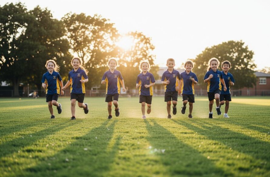Morwell School Photos Authentic Memories of a group of excited primary school children laughing and running through a sun-drenched oval during sports day, captured from a dynamic low angle with dramatic backlighting and vibrant colours.