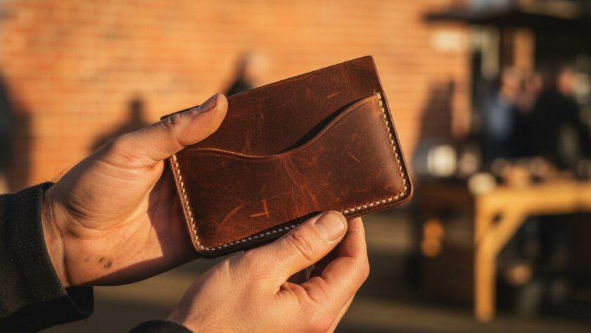 Dynamic, close-up shot of an artisan-crafted leather wallet, held by a local artisan, with soft, golden light reflecting off its texture, highlighting intricate stitching and natural imperfections, set against a blurred background suggesting Morwell's authentic local charm. This image perfectly illustrates the Morwell small business product photography boost in action.