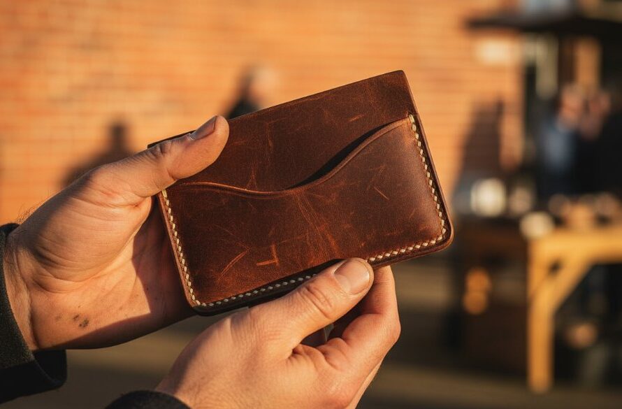 Dynamic, close-up shot of an artisan-crafted leather wallet, held by a local artisan, with soft, golden light reflecting off its texture, highlighting intricate stitching and natural imperfections, set against a blurred background suggesting Morwell's authentic local charm. This image perfectly illustrates the Morwell small business product photography boost in action.