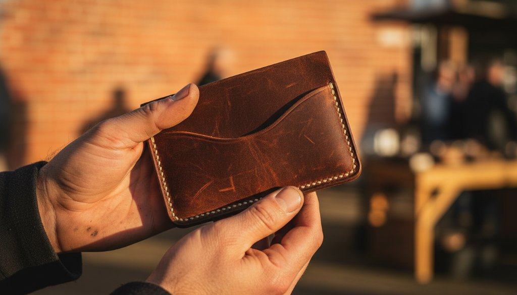 Dynamic, close-up shot of an artisan-crafted leather wallet, held by a local artisan, with soft, golden light reflecting off its texture, highlighting intricate stitching and natural imperfections, set against a blurred background suggesting Morwell's authentic local charm. This image perfectly illustrates the Morwell small business product photography boost in action.