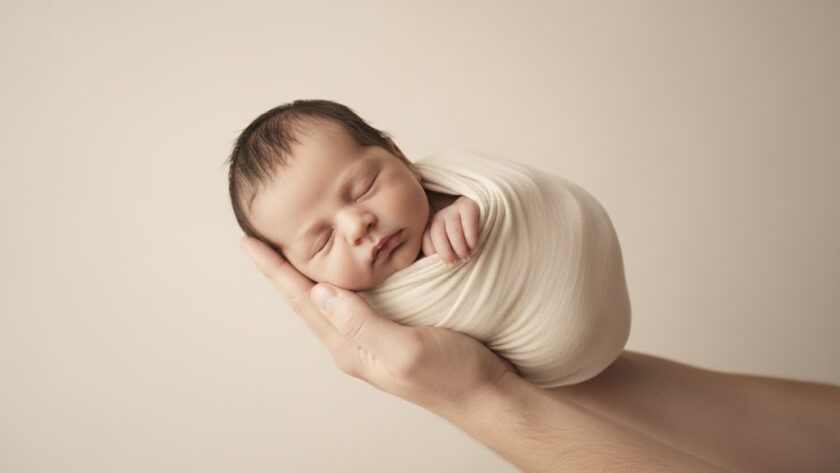 A serene Morwell studio newborn photography joy moment, featuring a baby peacefully sleeping, gently cradled in soft, natural light, evoking warmth and professional artistry.