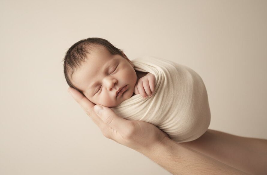 A serene Morwell studio newborn photography joy moment, featuring a baby peacefully sleeping, gently cradled in soft, natural light, evoking warmth and professional artistry.